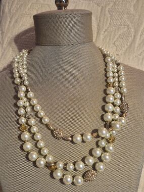 Chico's Ivory Pearl Multi-Strand Necklace with Gold Accents